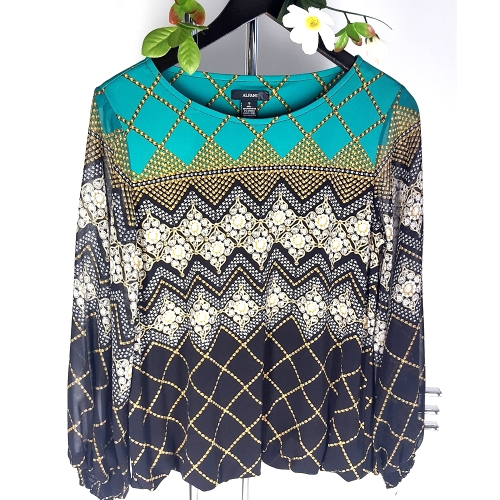 Alfani💚Balloon Chiffon Sleeve Multi-Color Geometric Top